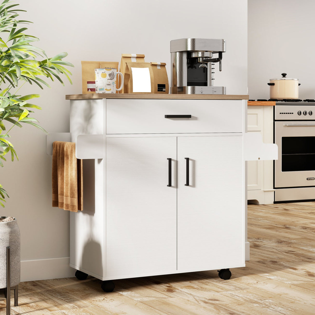 Carro de isla de cocina, isla de cocina rodante con cajón - Blanca