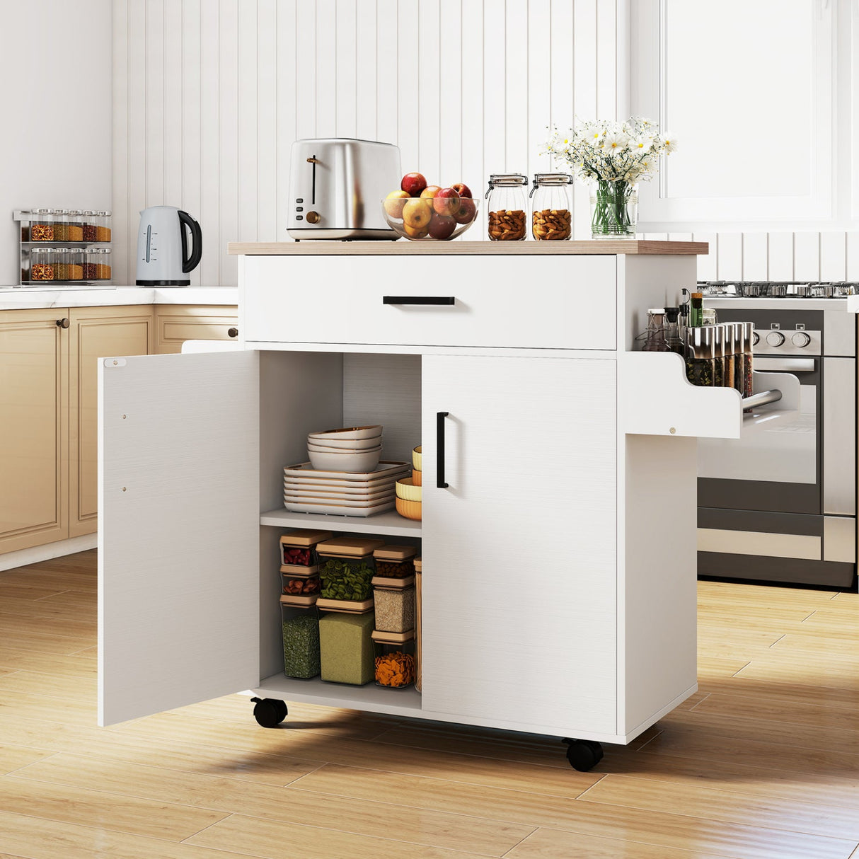 Carro de isla de cocina, isla de cocina rodante con cajón - Blanca