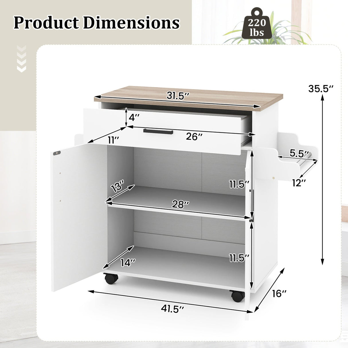 Carro de isla de cocina, isla de cocina rodante con cajón - Blanca