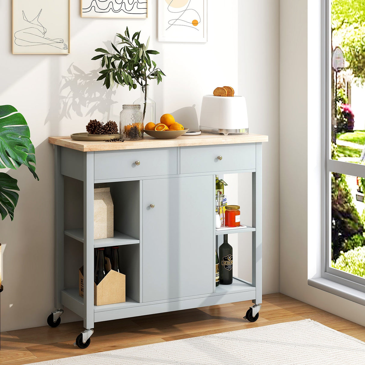 Carrito de isla de cocina móvil con 4 estantes abiertos y 2 cajones