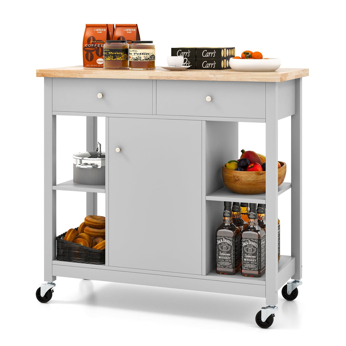Carrito de isla de cocina móvil con 4 estantes abiertos y 2 cajones