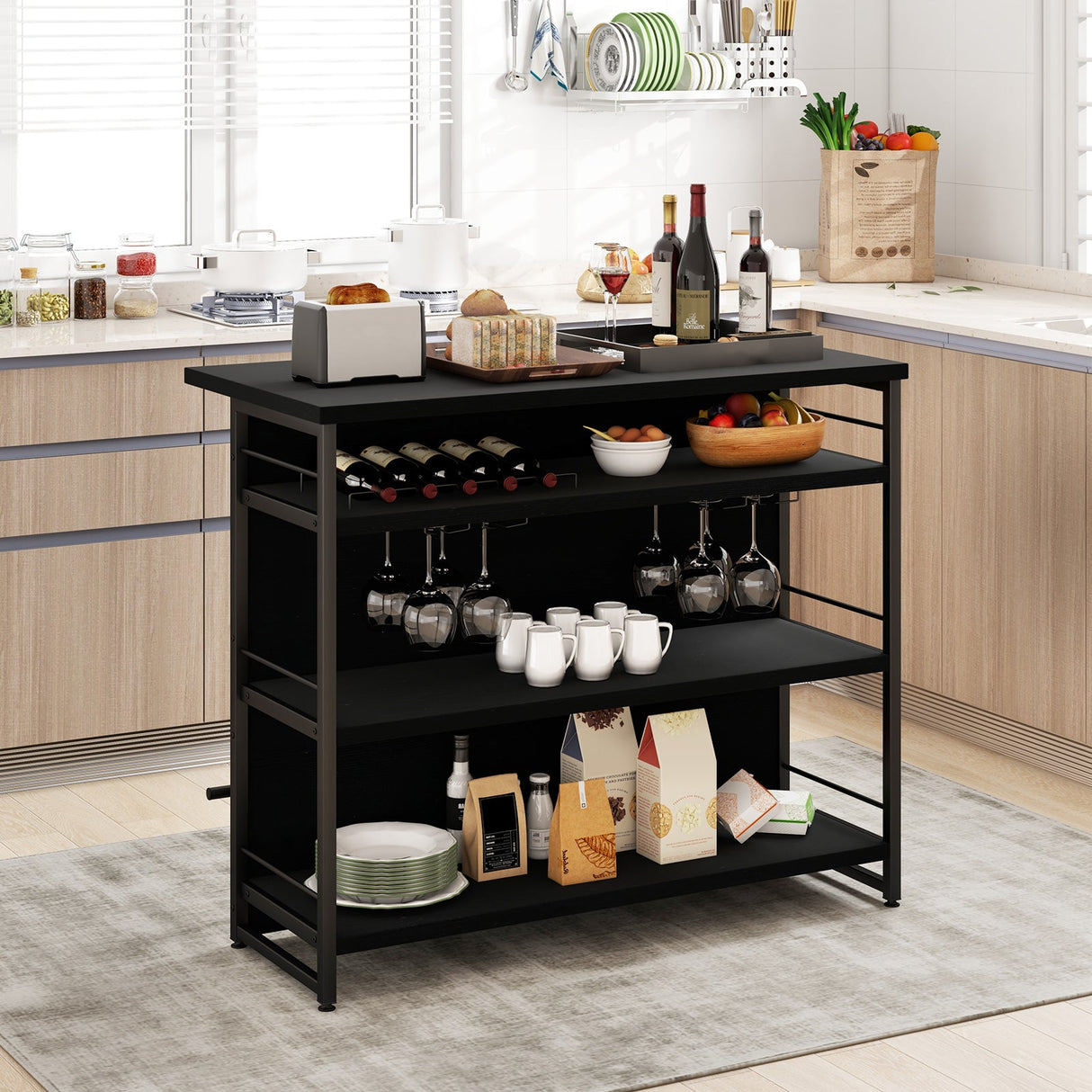 Isla de cocina con estante de almacenamiento de 4 niveles y reposapiés largo para el hogar