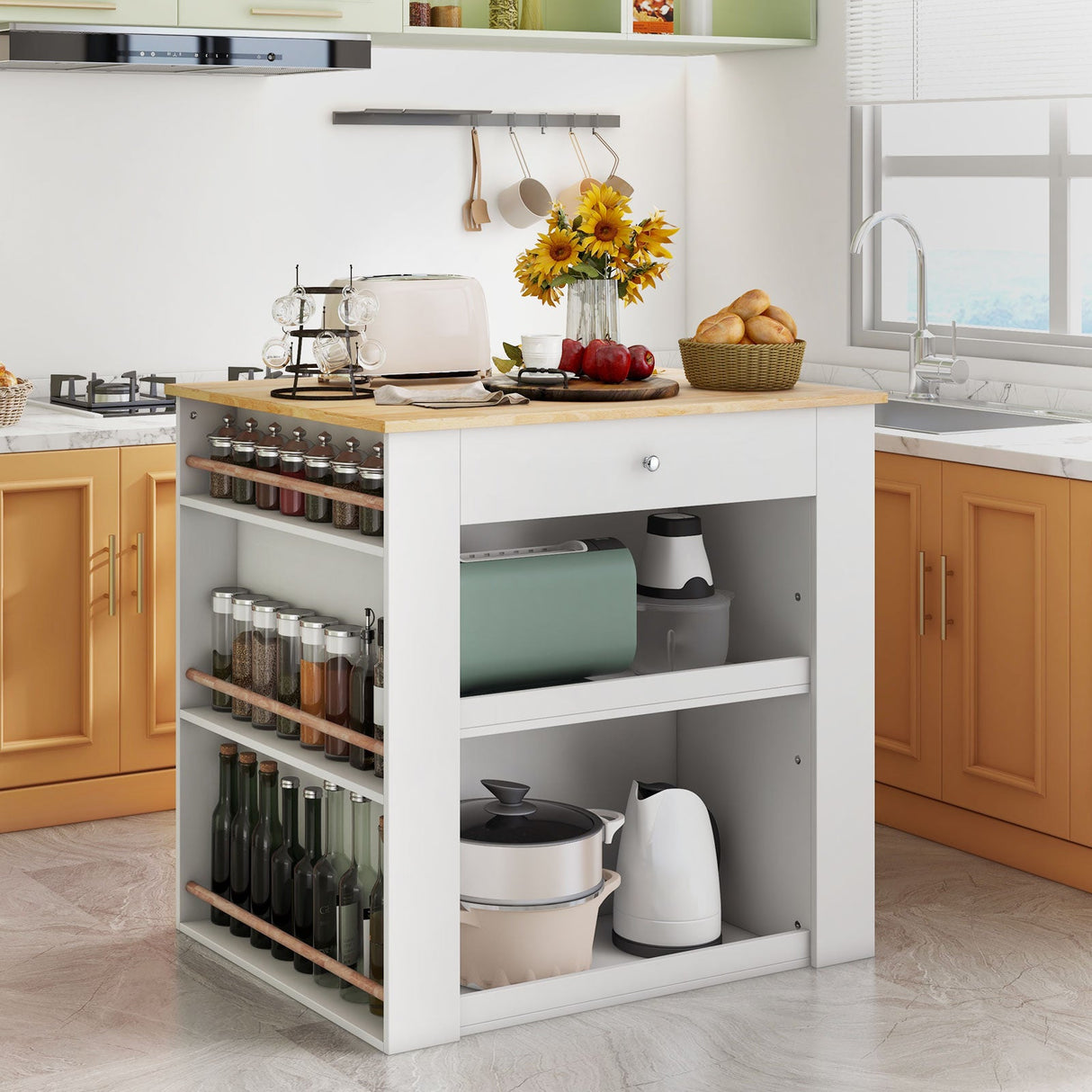 Isla de cocina moderna con encimera de madera de caucho y almacenaje - Blanca