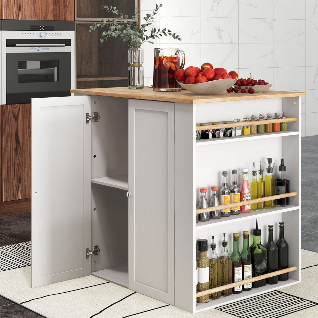 Isla de cocina moderna con encimera de madera de caucho y almacenaje - Blanca