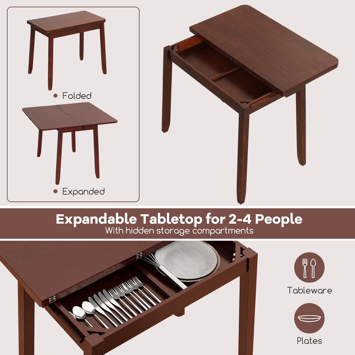 Juego de mesa de cocina para 2, mesa de comedor expandible con 2 sillas plegables tapizadas