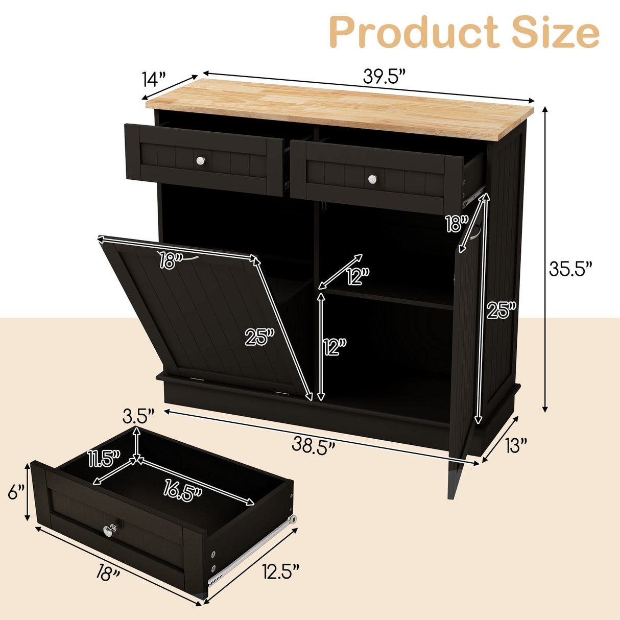 Kitchen Tilt Out Trash Cabinet with 2 Drawers and Adjustable Shelf