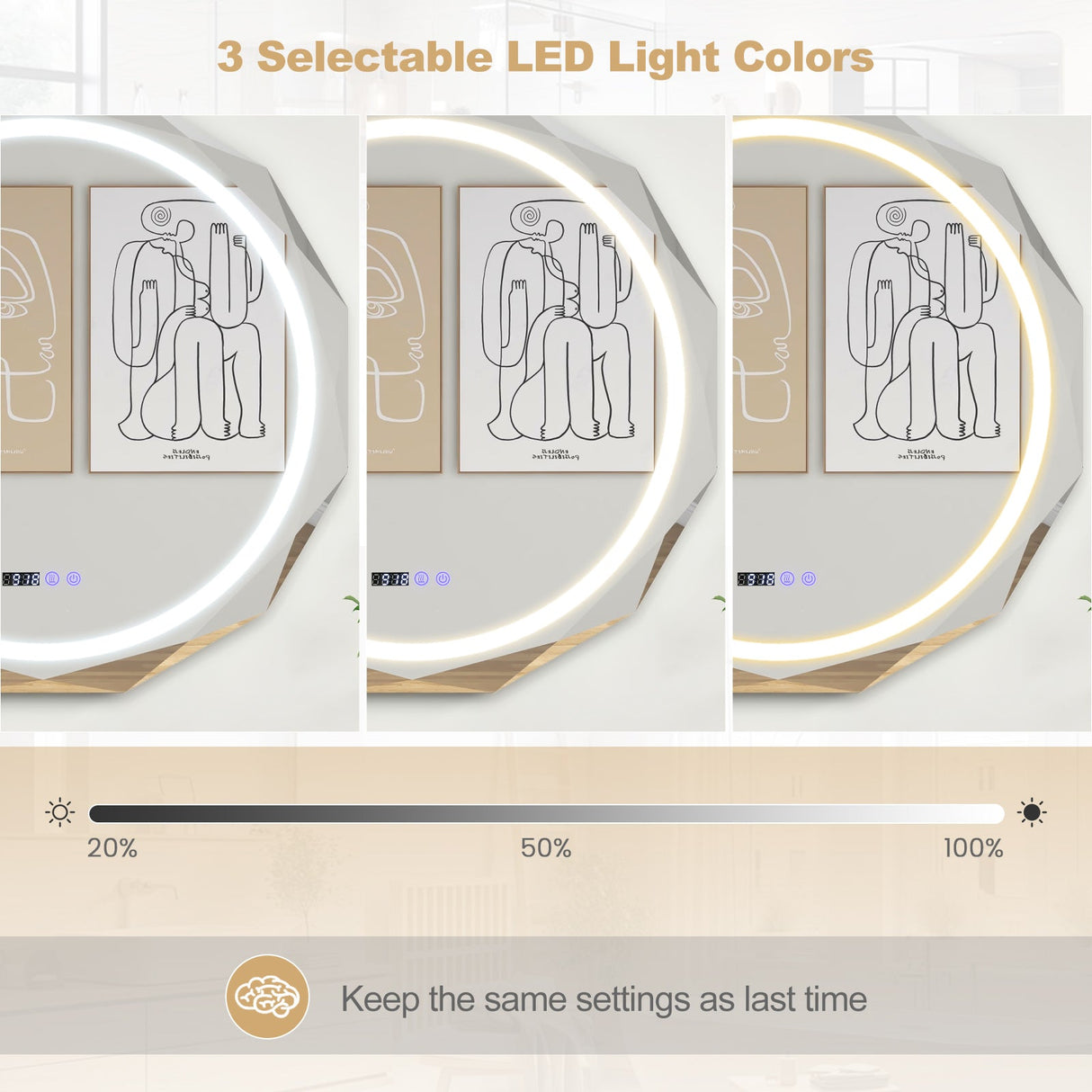 Espejo de baño LED antivaho con temperatura de 3 colores sin escalonamientos