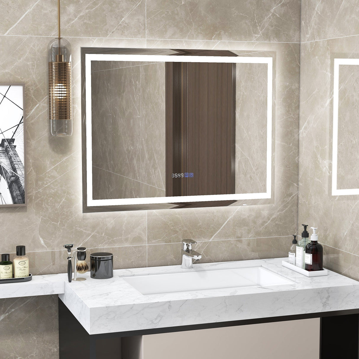 Espejo de baño LED rectangular montado en la pared con luces regulables de 3 colores