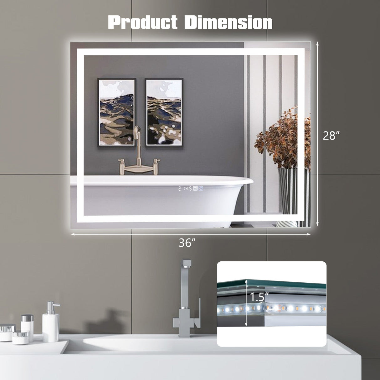 Espejo de baño LED rectangular montado en la pared con luces regulables de 3 colores