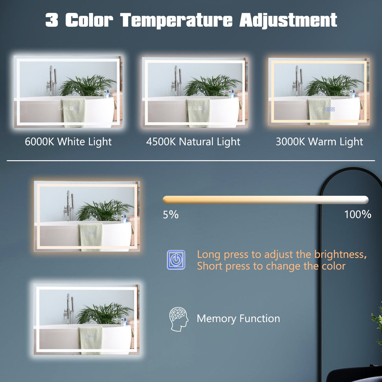 Espejo de baño LED rectangular montado en la pared con luces regulables de 3 colores