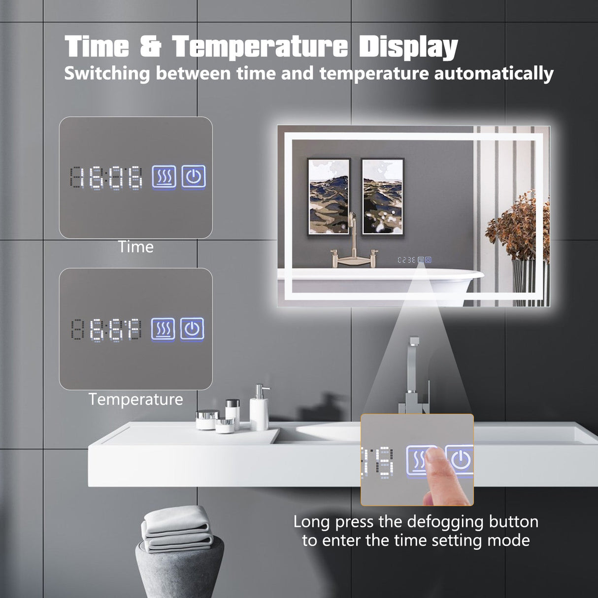 Espejo de baño LED rectangular montado en la pared con luces regulables de 3 colores