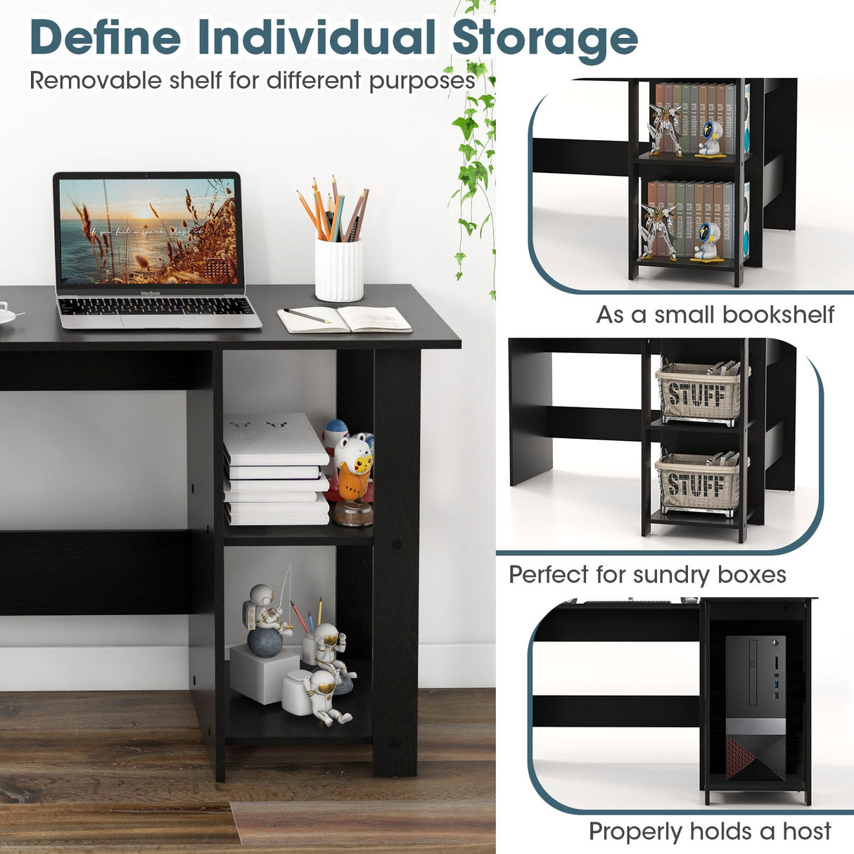 Modern L-Shaped Computer Desk with Shelves-Black