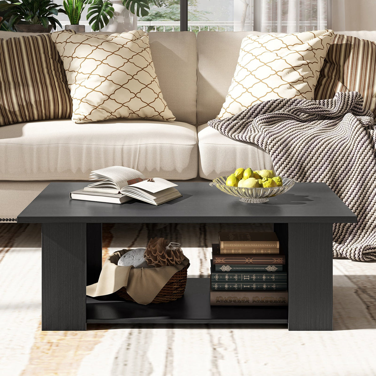 Mesa de centro moderna de madera de 2 niveles, grande, de 36/41 pulgadas, con estante de almacenamiento - Negro