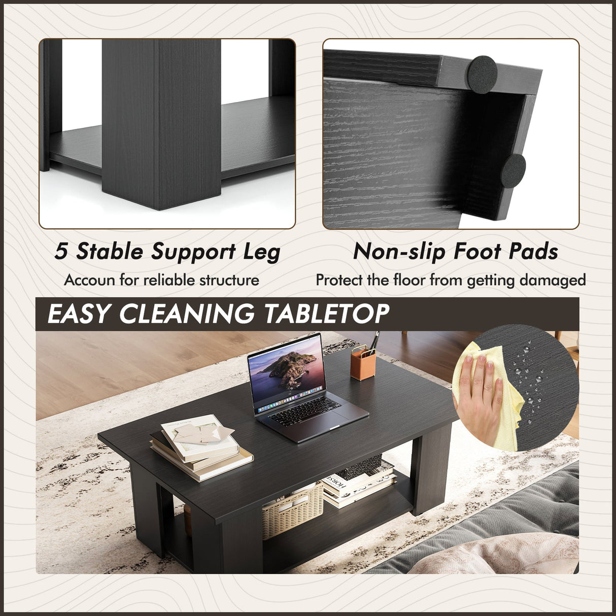 Mesa de centro moderna de madera de 2 niveles, grande, de 36/41 pulgadas, con estante de almacenamiento - Negro