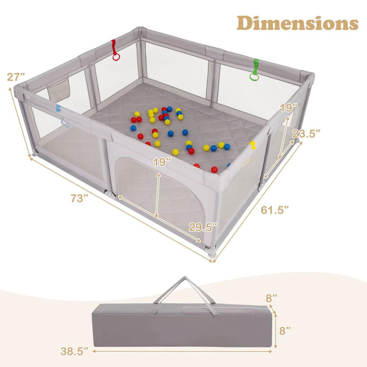 Large Baby Playpen with Pull Rings and Ocean Balls-Gray