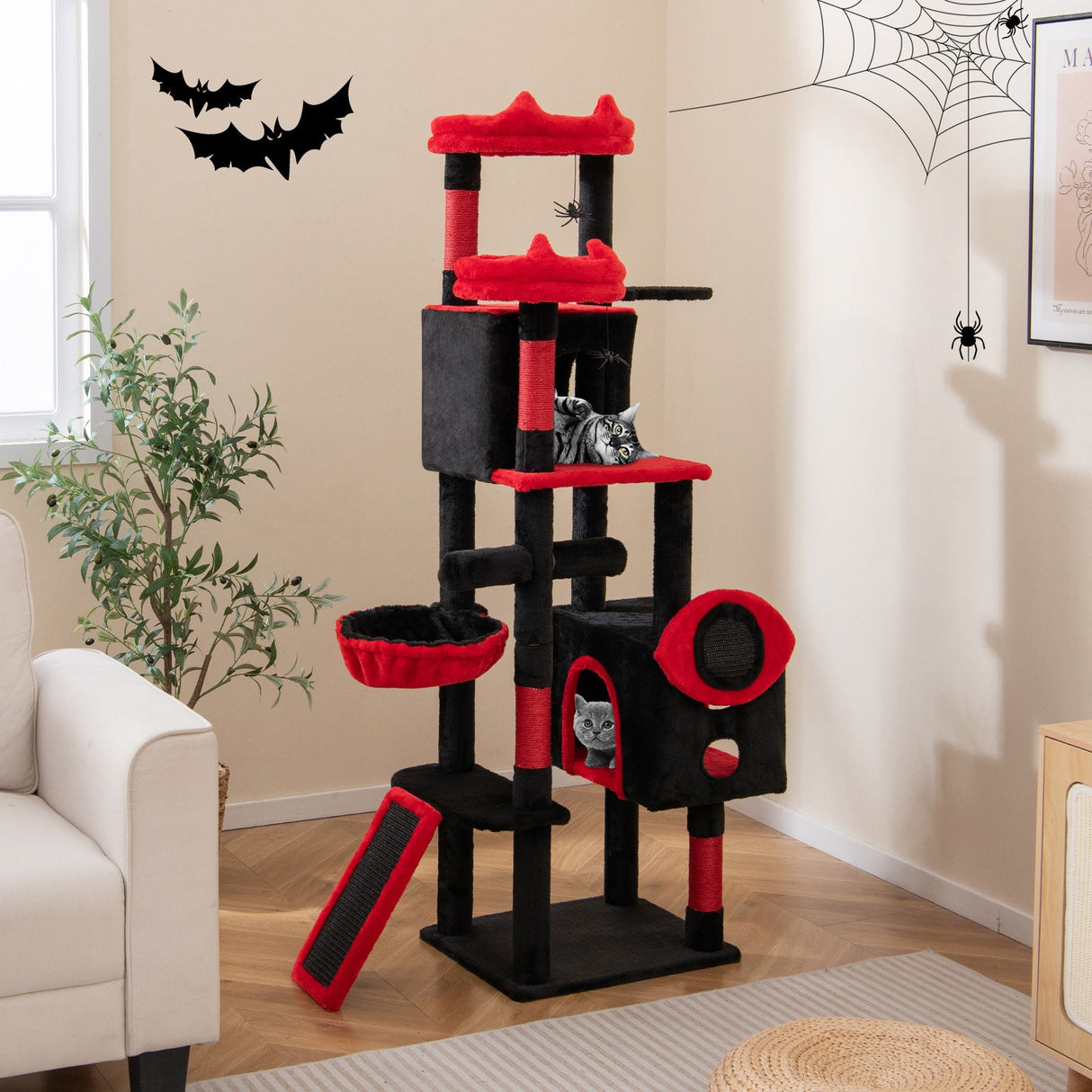 Árbol Rascador Gótico Grande con Condominios para Gatos y Perchas de Peluche-Negro y Rojo