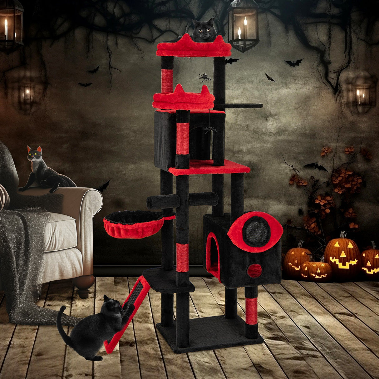 Árbol Rascador Gótico Grande con Condominios para Gatos y Perchas de Peluche-Negro y Rojo