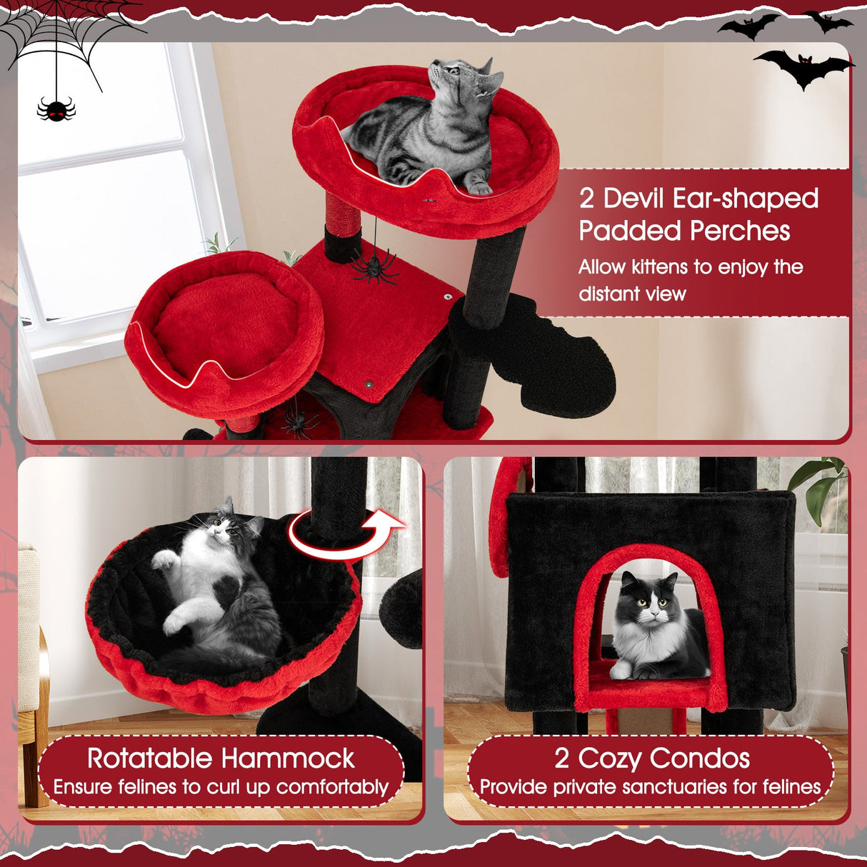 Árbol Rascador Gótico Grande con Condominios para Gatos y Perchas de Peluche-Negro y Rojo