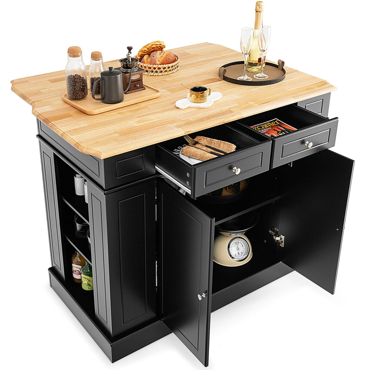 Isla de cocina con almacenamiento y estantes ajustables de 3 niveles