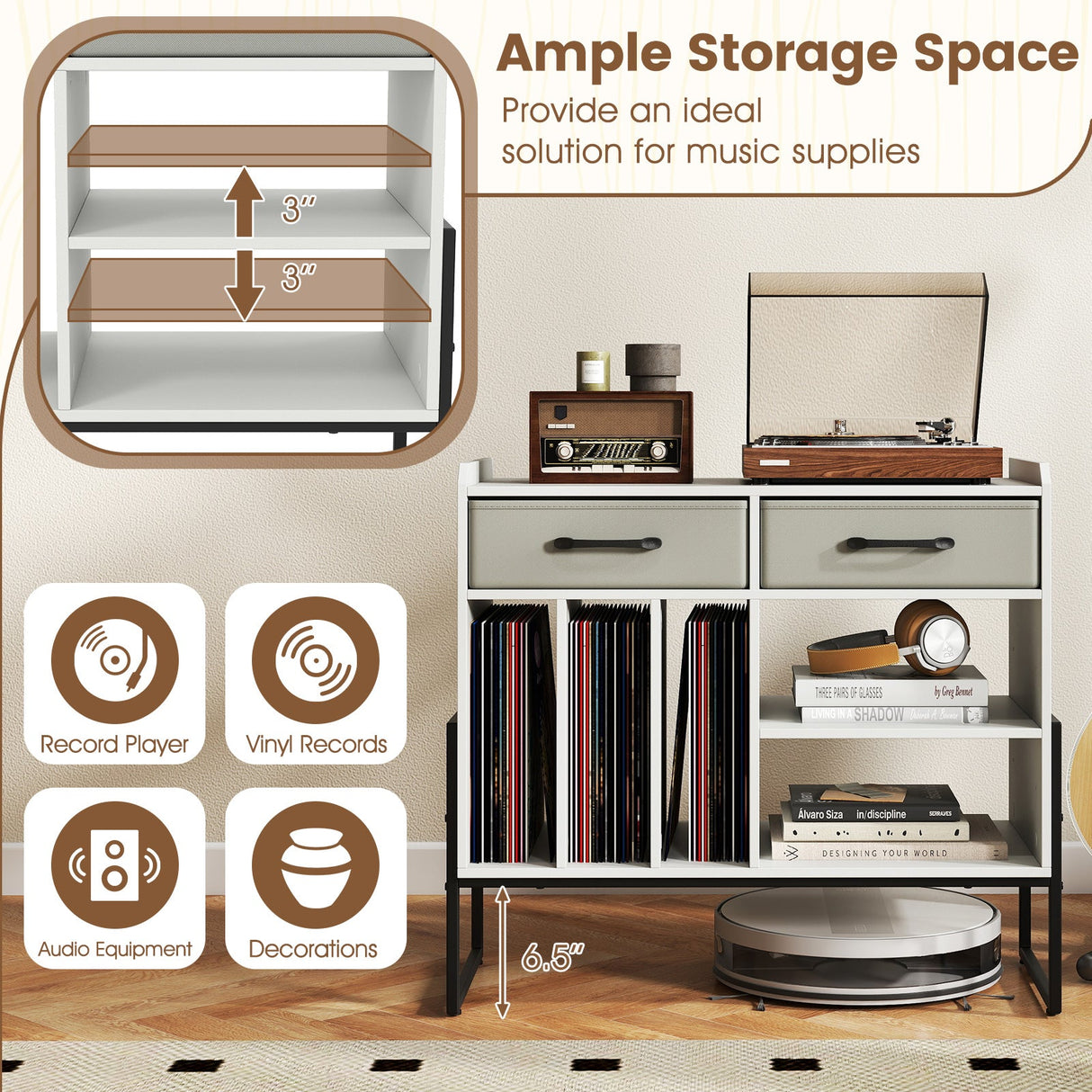 Large Record Player Stand with Charging Station Mid Century Modern Vinyl Storage Cabinet