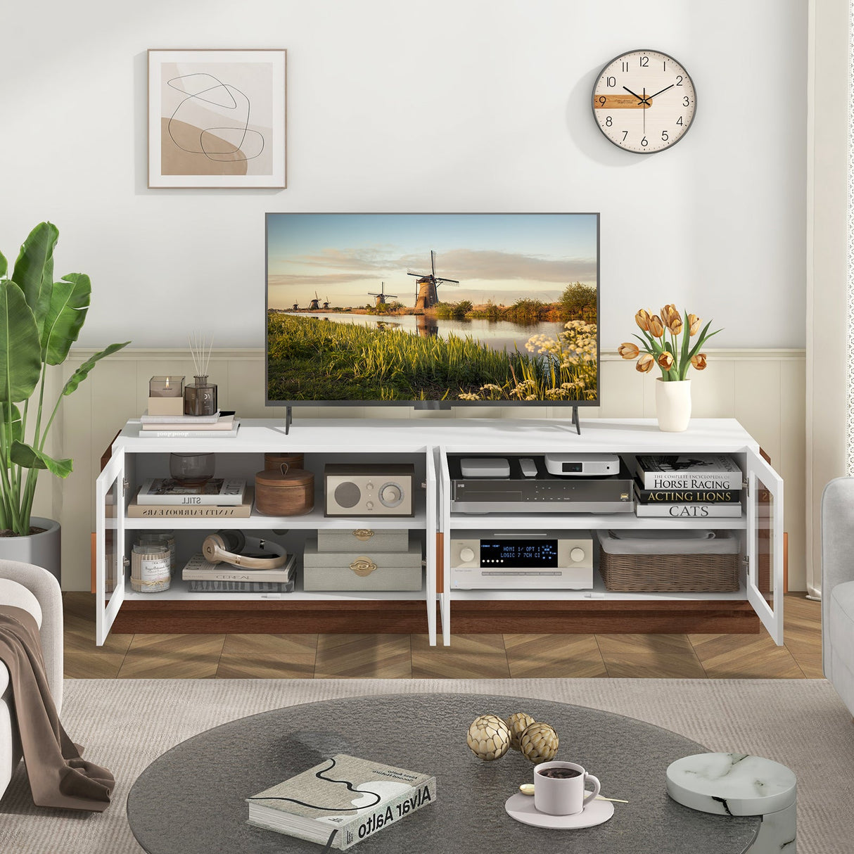 Mueble de TV grande para televisores de hasta 75 pulgadas con 4 puertas de vidrio templado para sala de estar