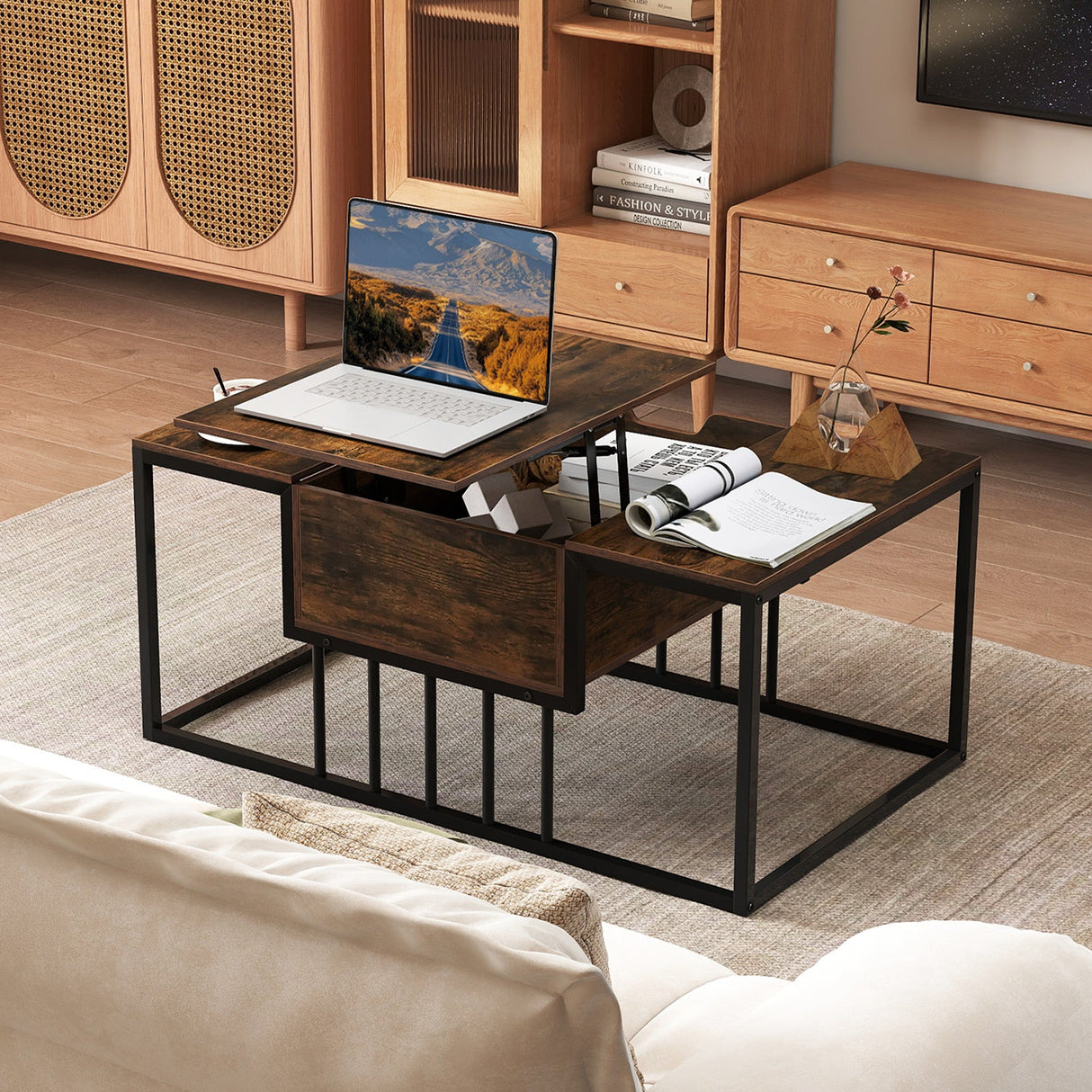 Mesa de centro elevable con compartimento de almacenamiento oculto