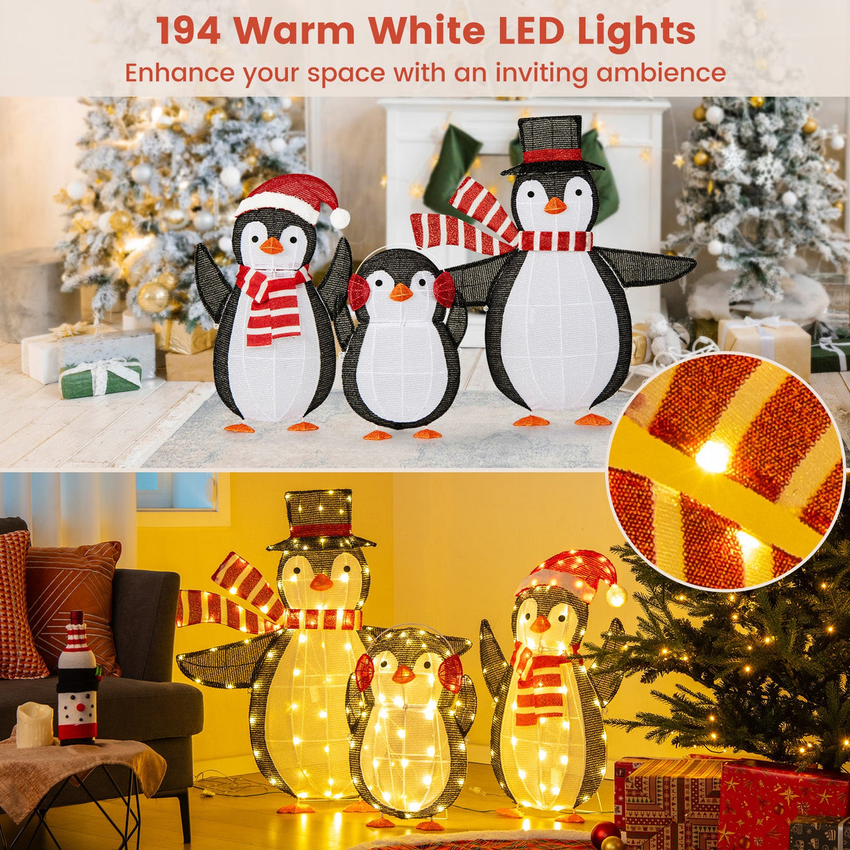Adornos navideños de pingüinos luminosos con 194 luces LED y bridas