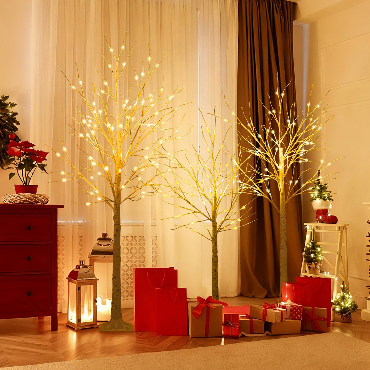 Juego de 3 abedules iluminados de 1,2/1,5/1,8 m, árboles de Navidad artificiales preiluminados para fiestas navideñas