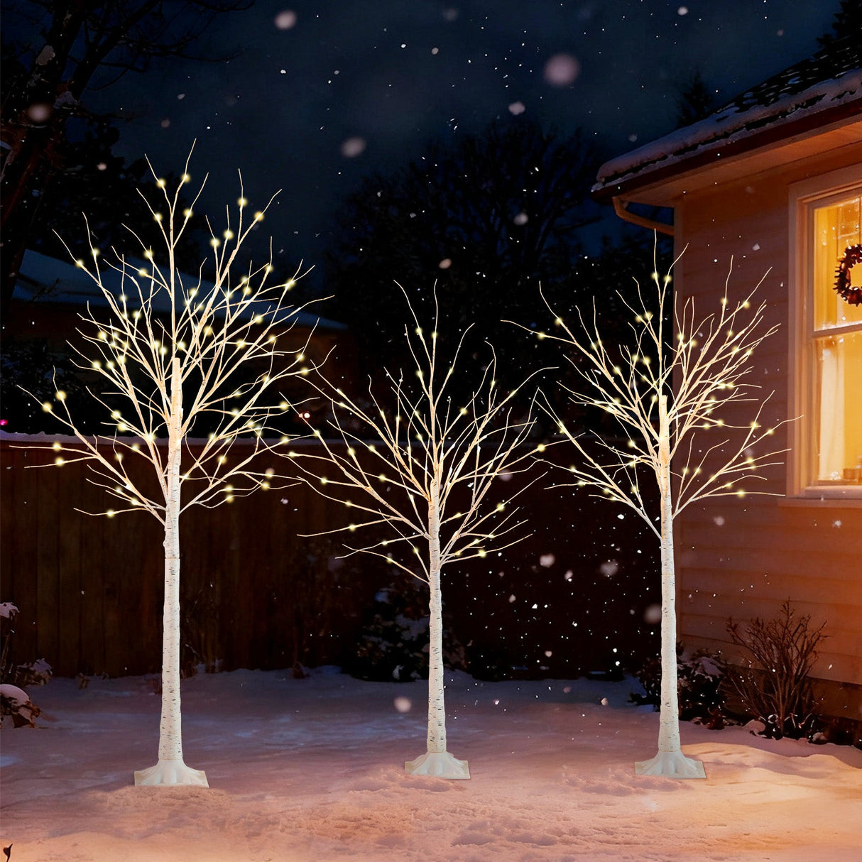 Juego de 3 abedules iluminados de 1,2/1,5/1,8 m, árboles de Navidad artificiales preiluminados para fiestas navideñas