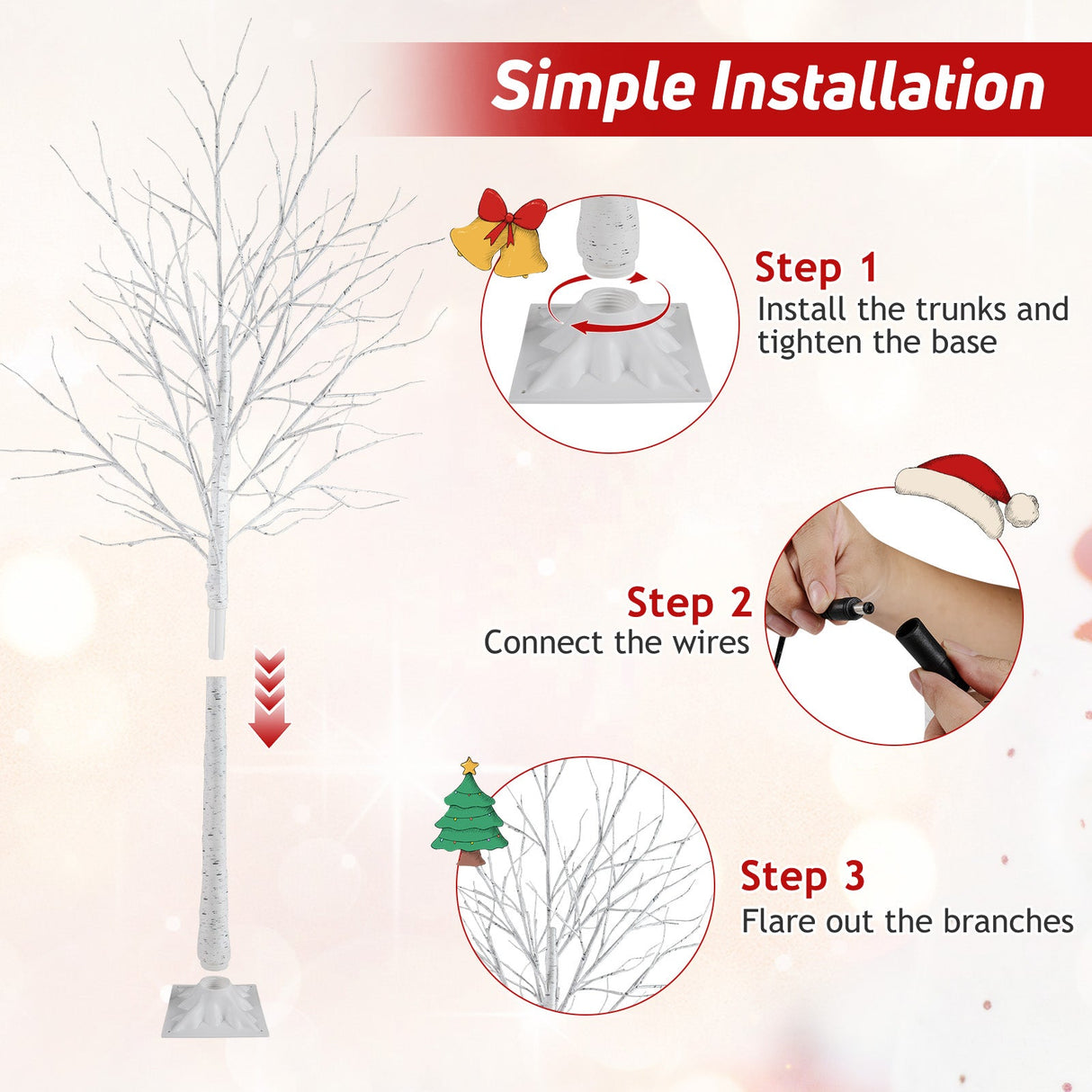 Juego de 3 abedules iluminados de 1,2/1,5/1,8 m, árboles de Navidad artificiales preiluminados para fiestas navideñas