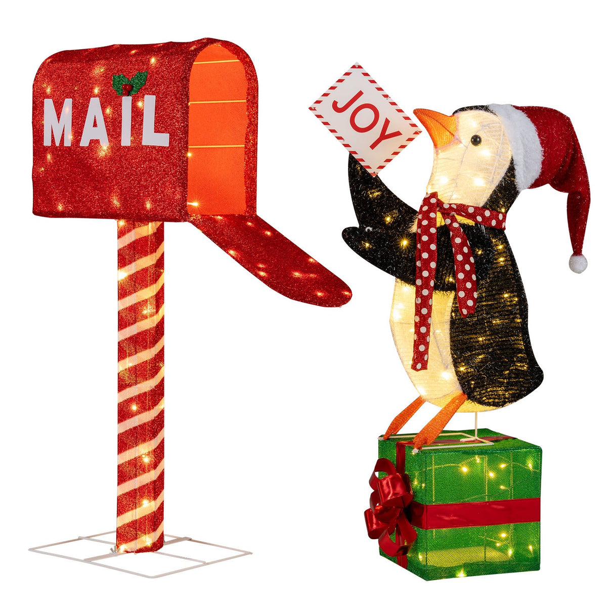 Buzón iluminado y pingüino decorativos navideños, figuras 3D preiluminadas para las fiestas de Navidad