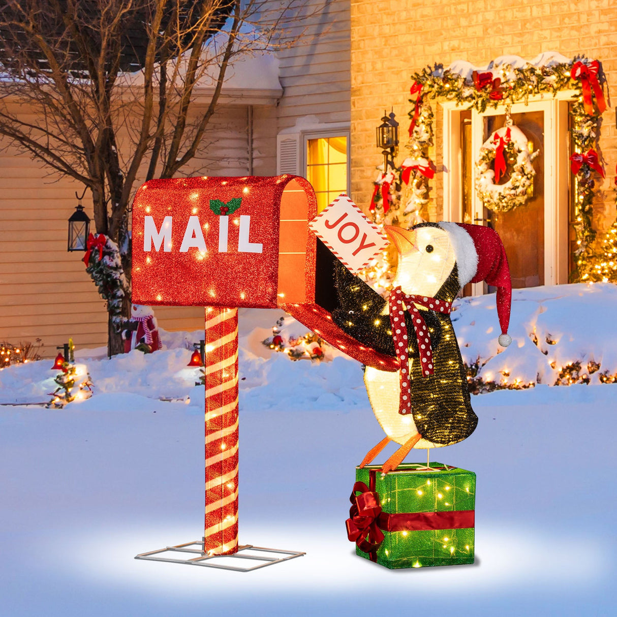 Buzón iluminado y pingüino decorativos navideños, figuras 3D preiluminadas para las fiestas de Navidad