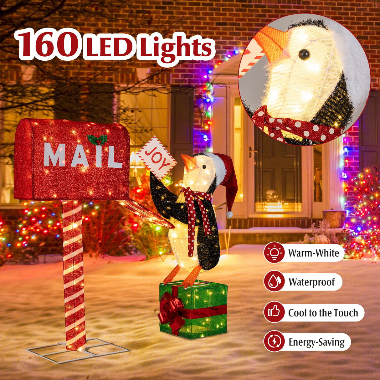 Buzón iluminado y pingüino decorativos navideños, figuras 3D preiluminadas para las fiestas de Navidad