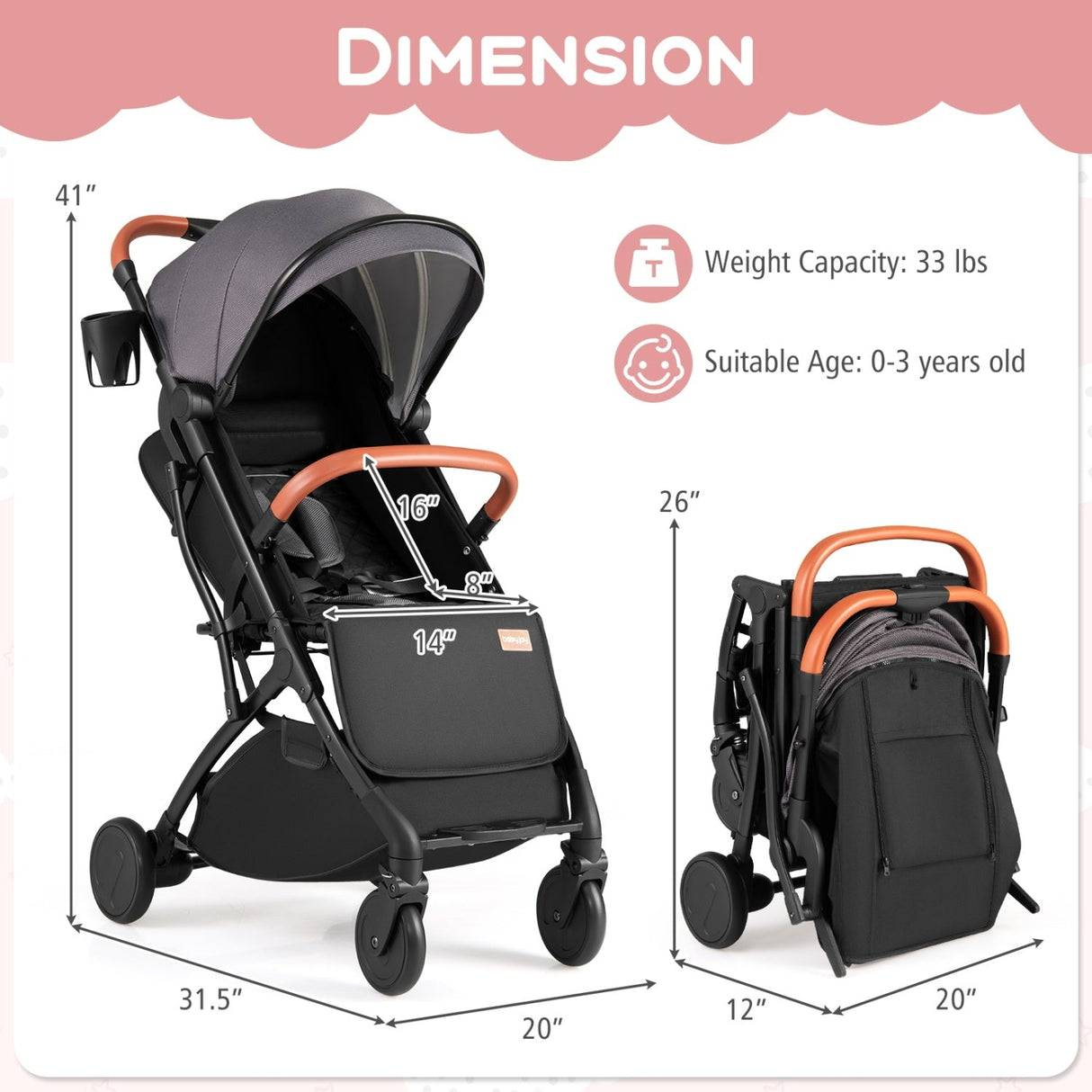 Cochecito de bebé ligero, compacto para viajes, con plegado con una mano