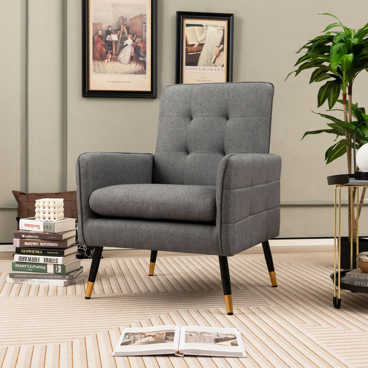 Sillón decorativo de lino con cojín de asiento extraíble