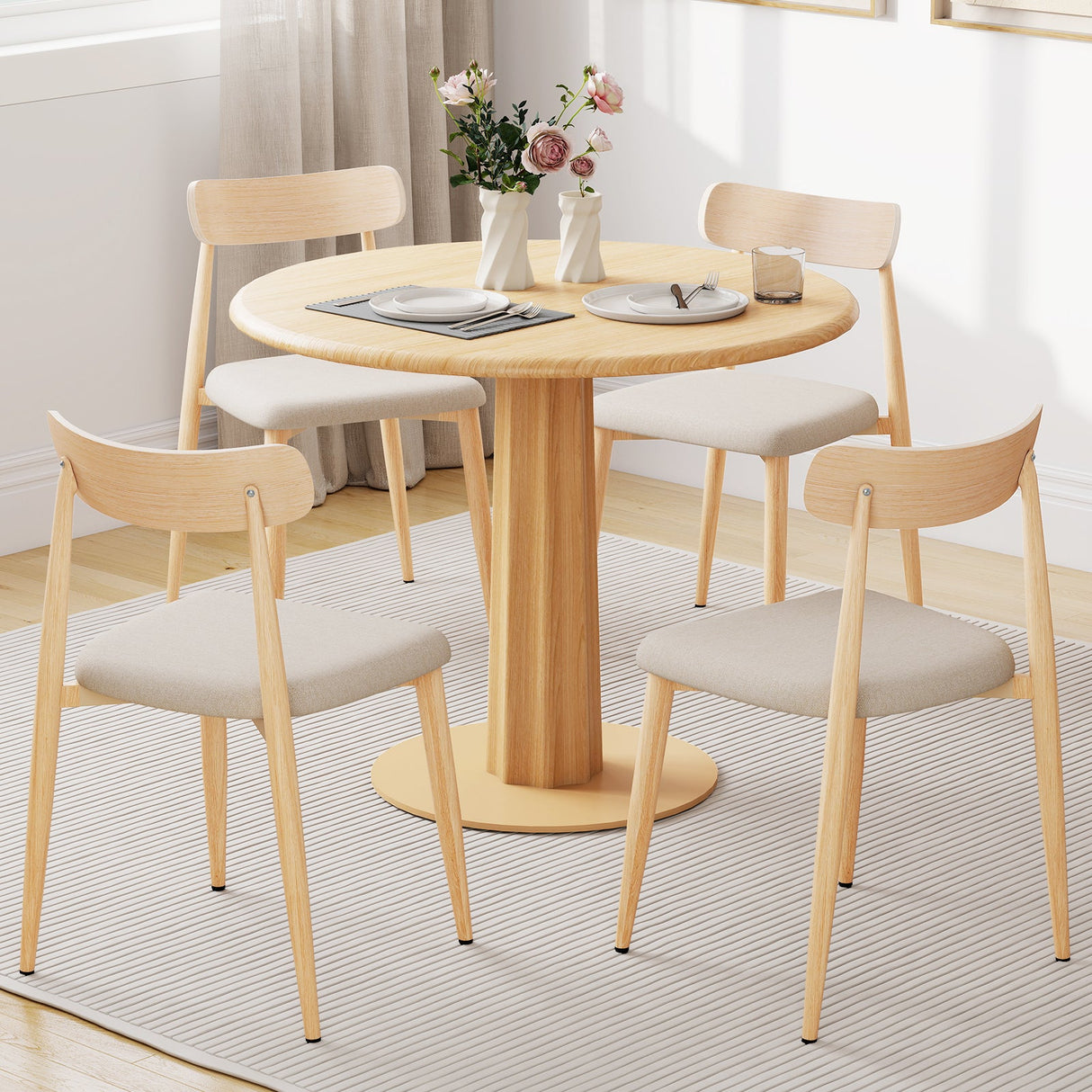 Juego de 4 sillas de comedor modernas tapizadas en tela de lino con asiento acolchado y respaldo curvo - Roble