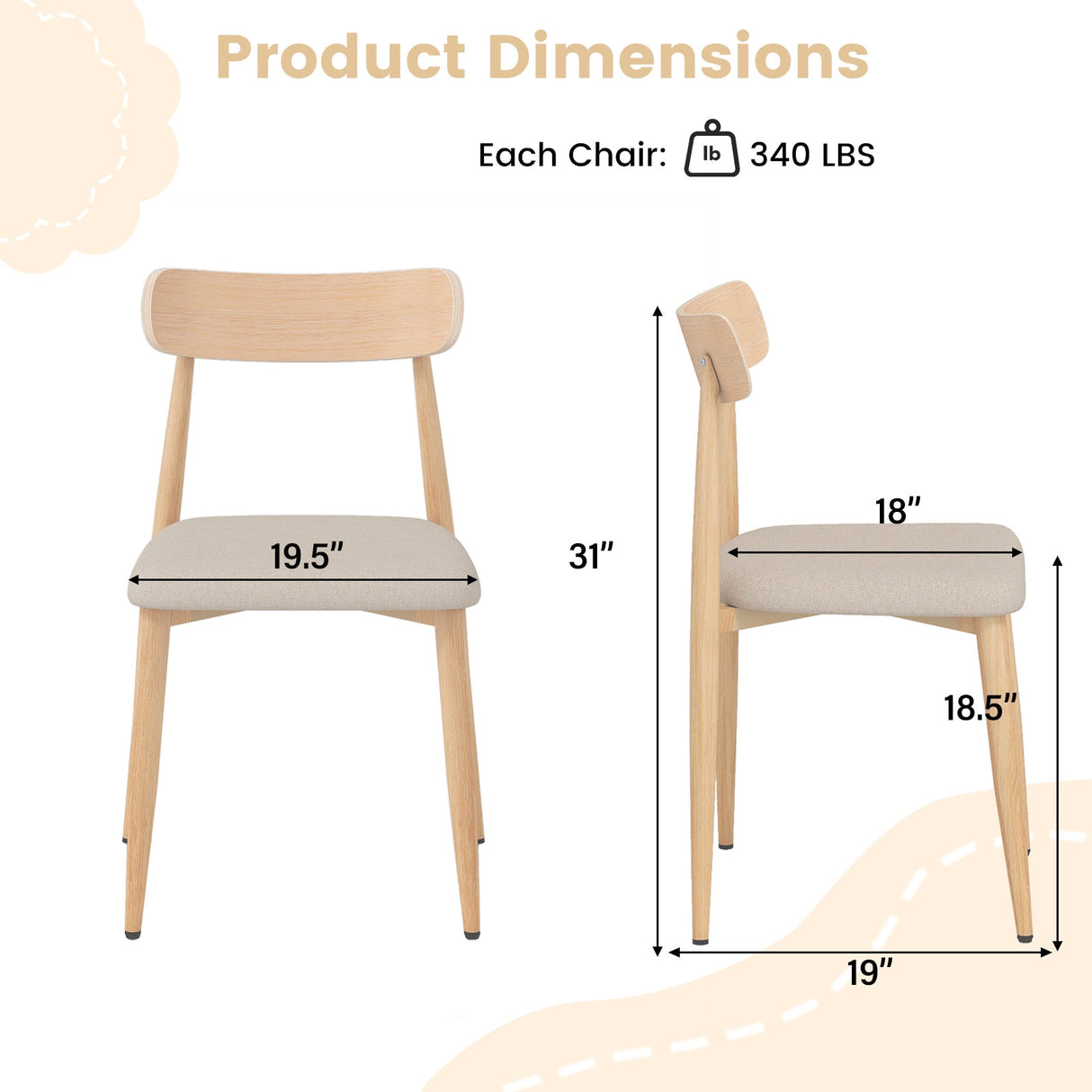 Juego de 4 sillas de comedor modernas tapizadas en tela de lino con asiento acolchado y respaldo curvo - Roble