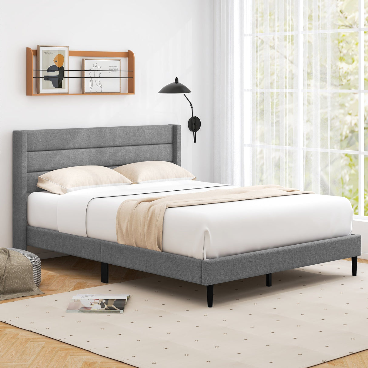Base de cama de plataforma tapizada en lino individual/queen con cabecero alado