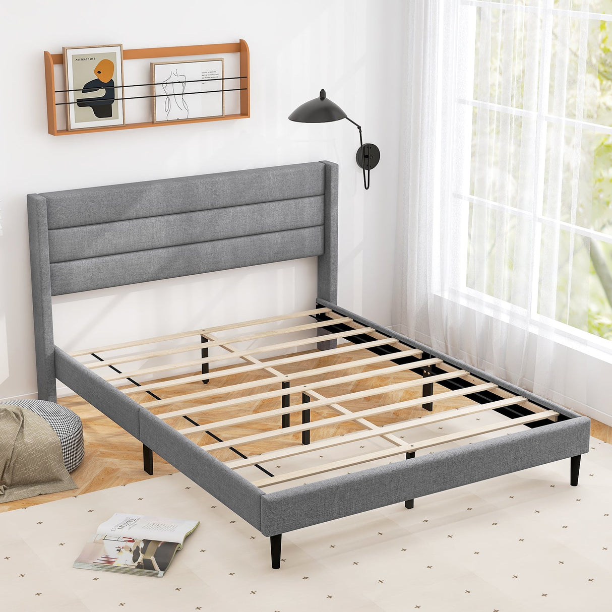 Base de cama de plataforma tapizada en lino individual/queen con cabecero alado