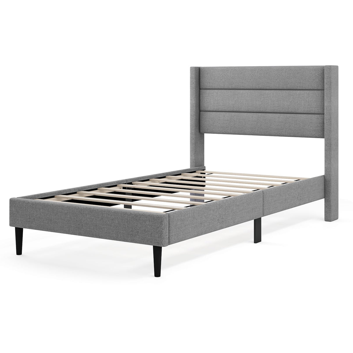 Base de cama de plataforma tapizada en lino individual/queen con cabecero alado