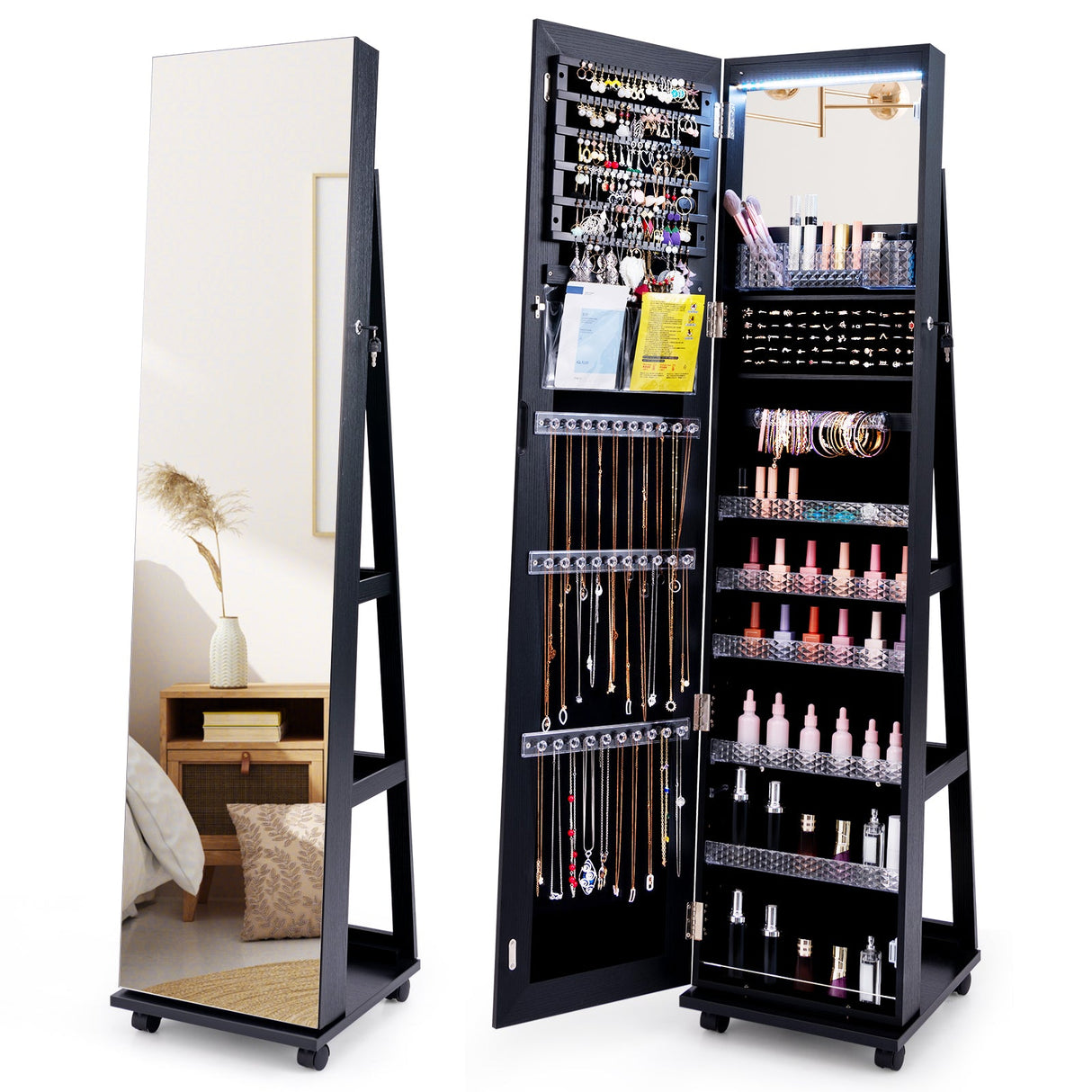 64 Inches Lockable Jewelry Cabinet Armoire with Built-in Makeup Mirror