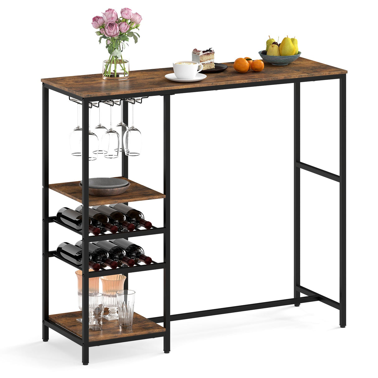 Mesa Larga de Bar, Mesa de Comedor Alta con Estantes de Almacenamiento - Marrón Rústico