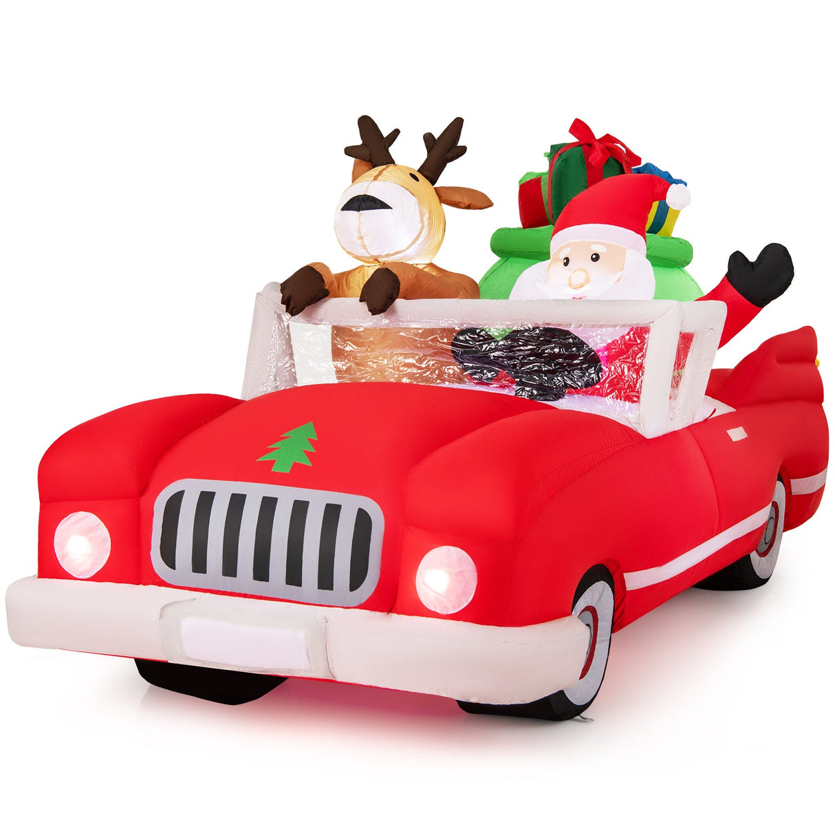 Inflable de Navidad de Papá Noel y Renos en Coche Rojo con Bolsa de Regalo y 9 Luces LED Blancas de 7.7 Pies de Largo