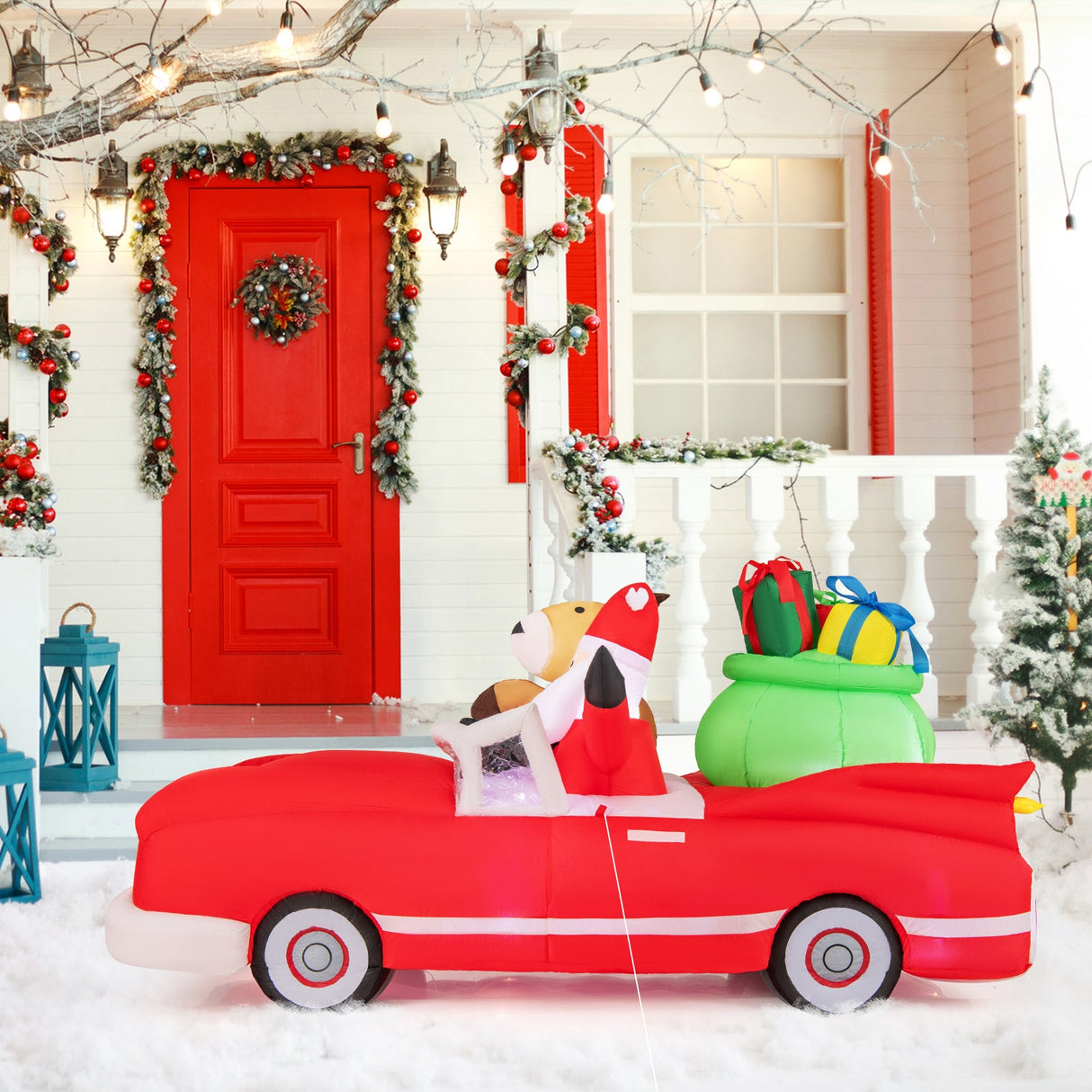 Inflable de Navidad de Papá Noel y Renos en Coche Rojo con Bolsa de Regalo y 9 Luces LED Blancas de 7.7 Pies de Largo