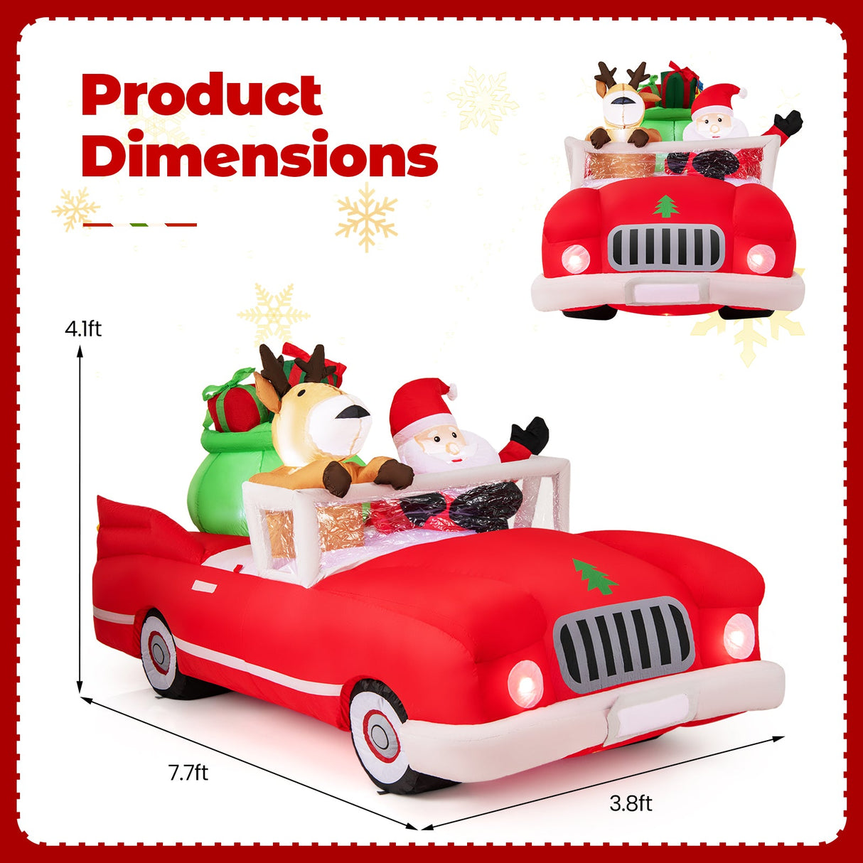 Inflable de Navidad de Papá Noel y Renos en Coche Rojo con Bolsa de Regalo y 9 Luces LED Blancas de 7.7 Pies de Largo