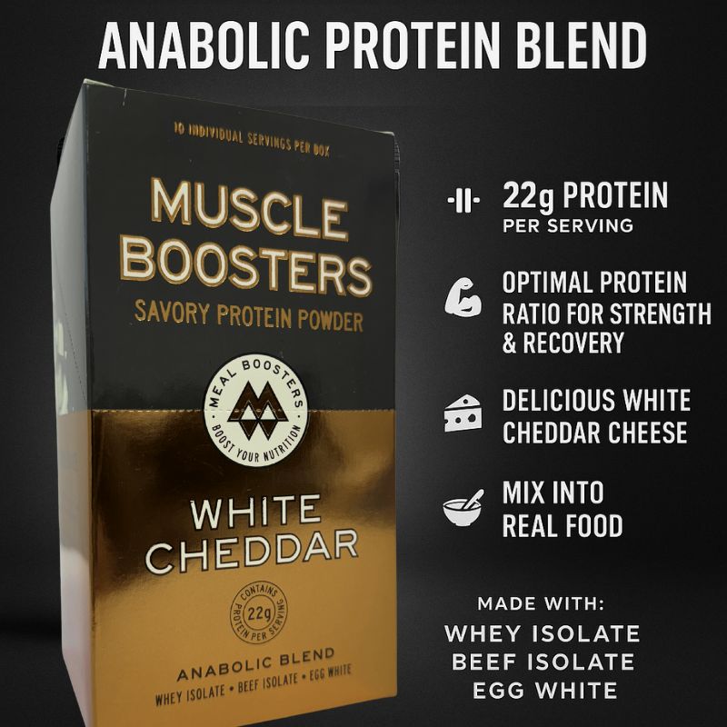 Muscle Boosters Caja Cheddar Blanco - Aislado de proteína de suero orgánico de vacas alimentadas con pasto (10 paquetes individuales)