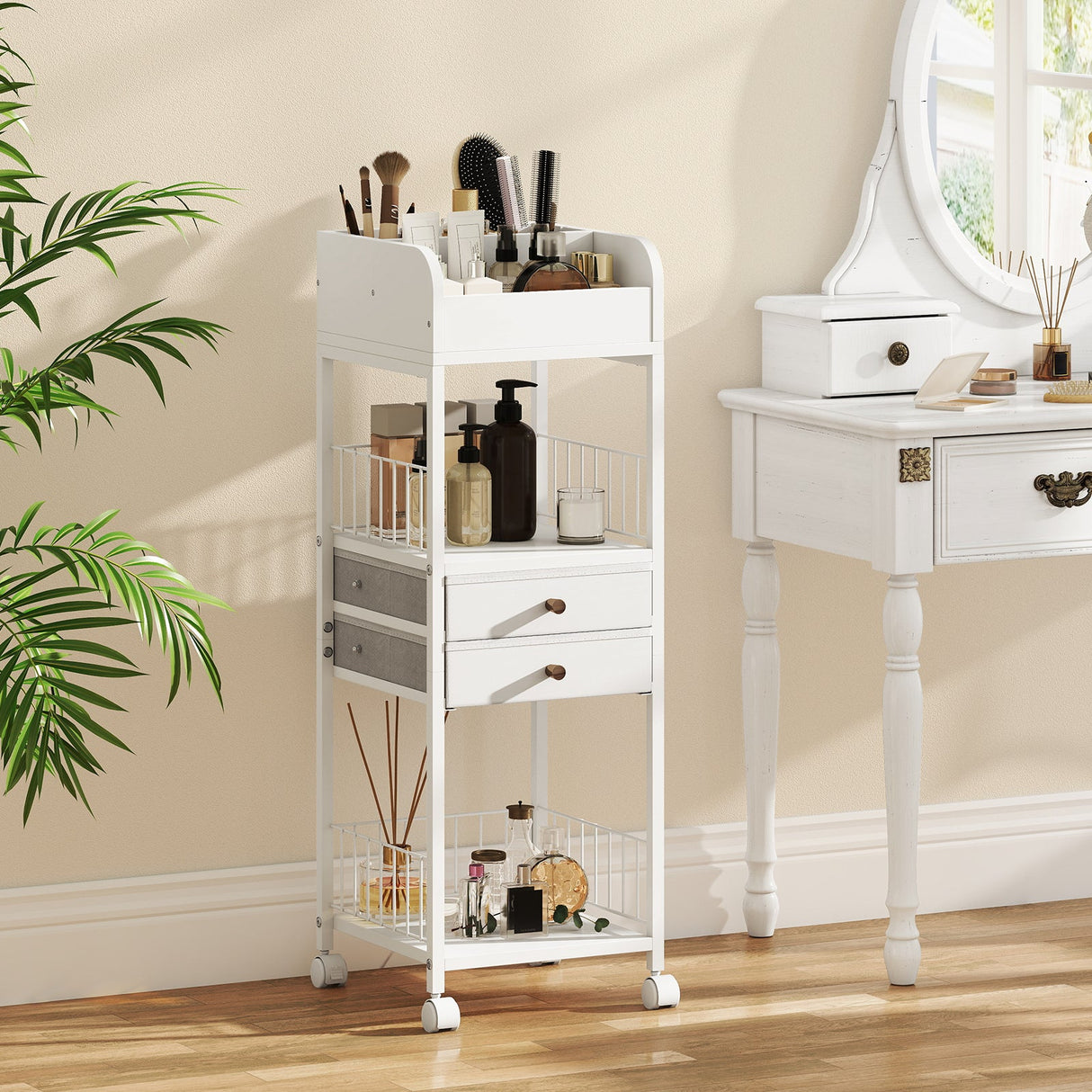 Organizador de maquillaje y cuidado de la piel con cajones y estantes de almacenamiento, para suelo - Blanco