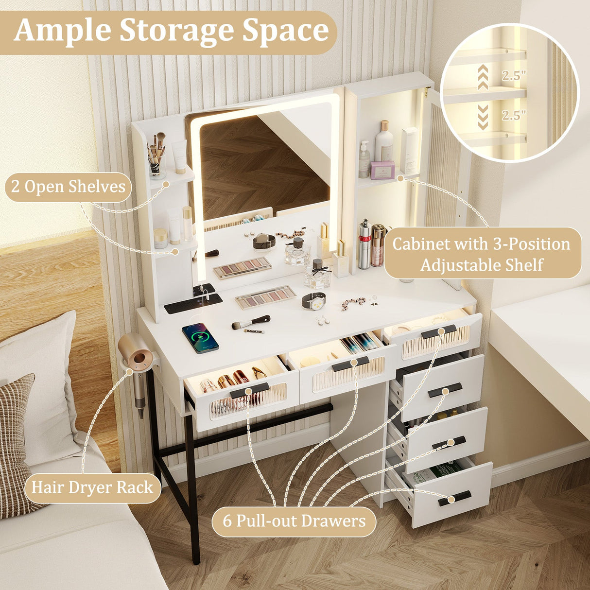 Makeup Vanity Desk with 3-Color Induction LED Lights and 6 Drawers-White