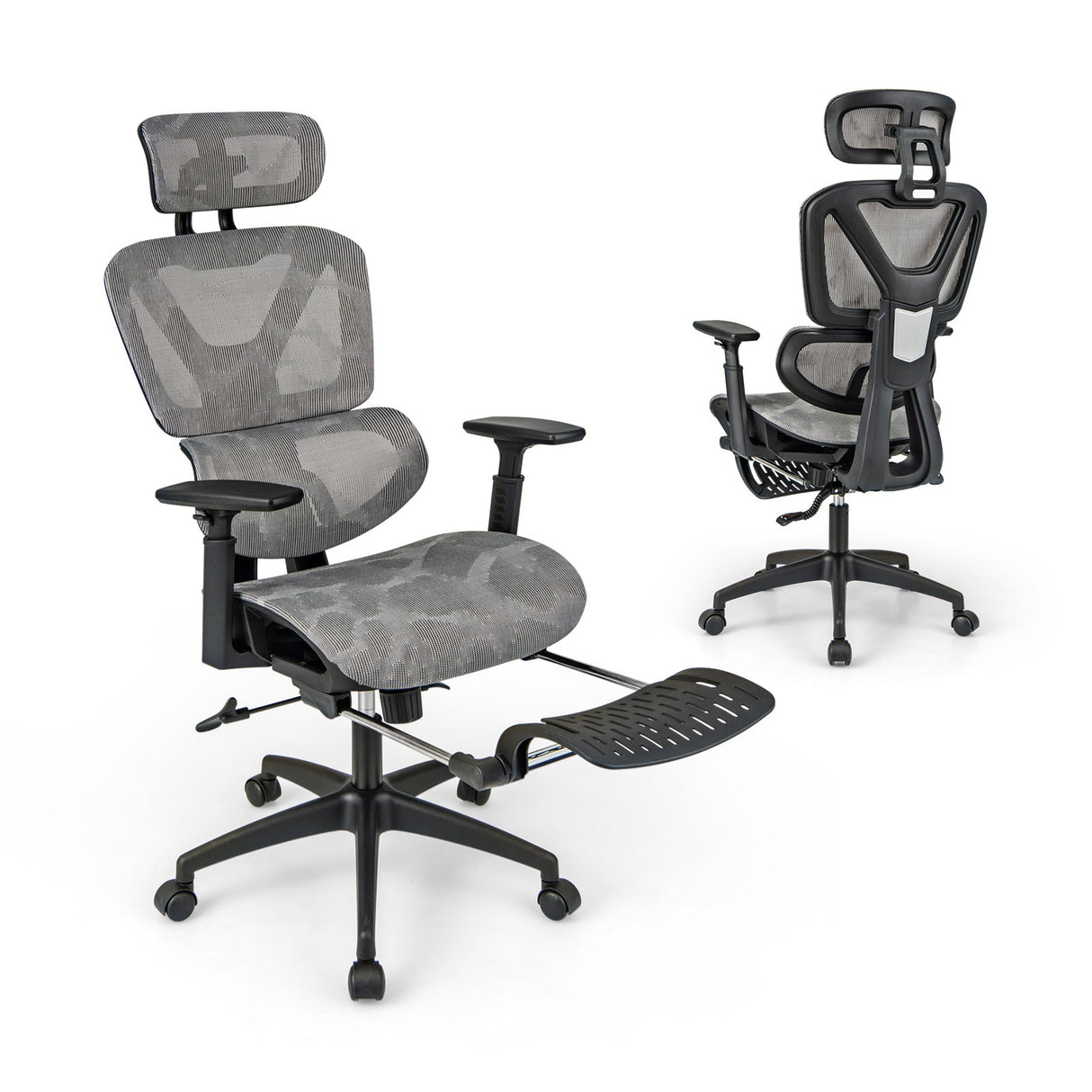 Silla de oficina de malla con respaldo reclinable y reposapiés retráctil - Gris
