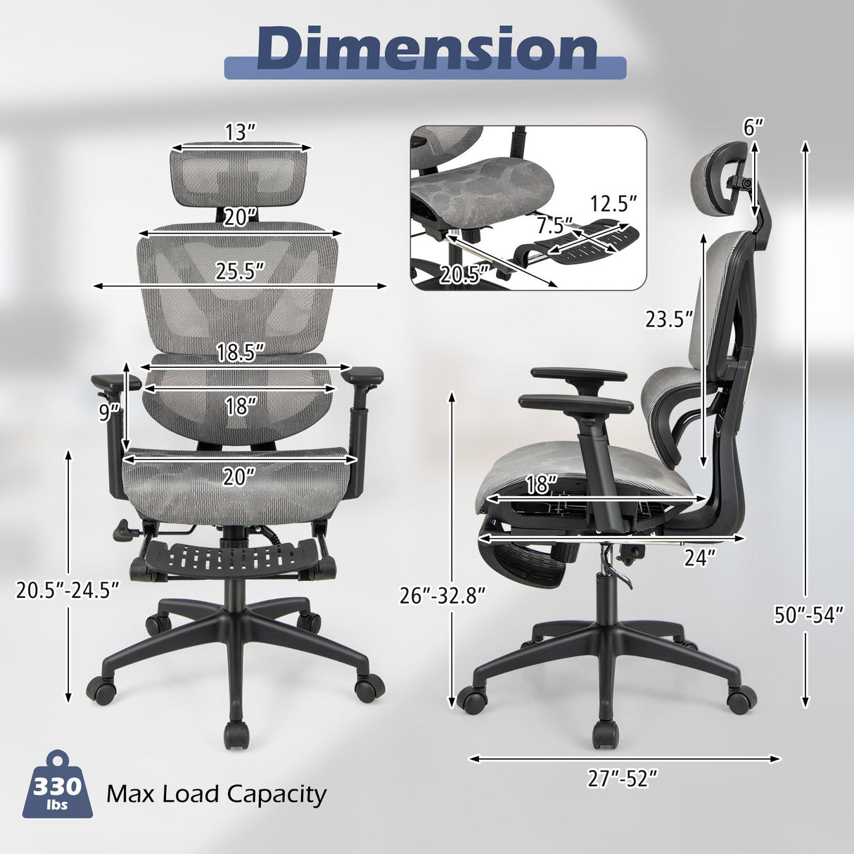 Silla de oficina de malla con respaldo reclinable y reposapiés retráctil - Gris